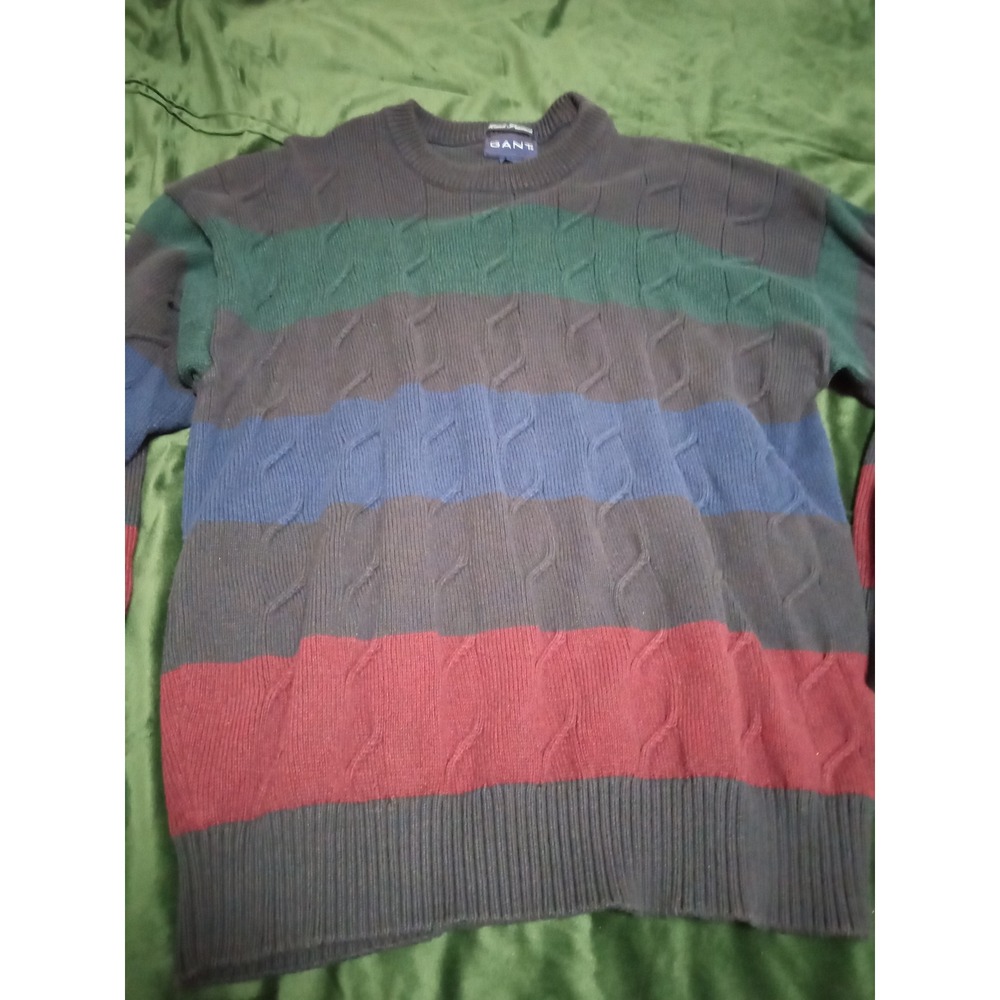 Gant Vintage Mens XL Cotton Cable Knit‎ Striped Crewneck Sweater Navy Green Red